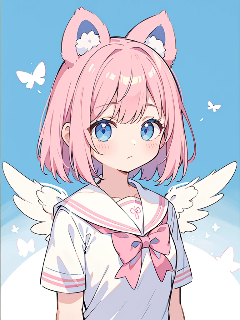 ski style, 1 girl, alone, pink hair, animal ears, blue eyes, wing, looking at the viewer, bangs, short hair, bow, sailor collar, white sailor collar, hair bow, pink bow, closed mouth, shirt, white shirt, bear ears, bob cut, mini wing, portrait, detached wing, compensate, Upper body, background city