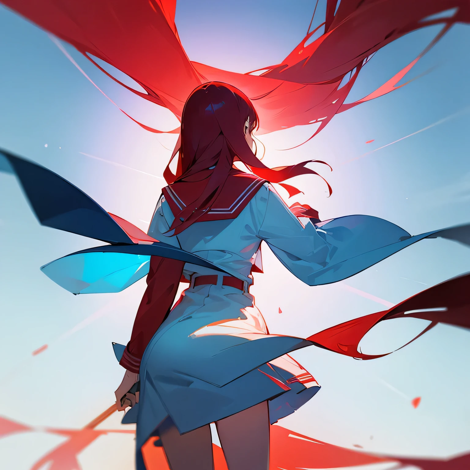Red long hair girl,Wear a sailor suit,back view,Turn your back to me,facing forward