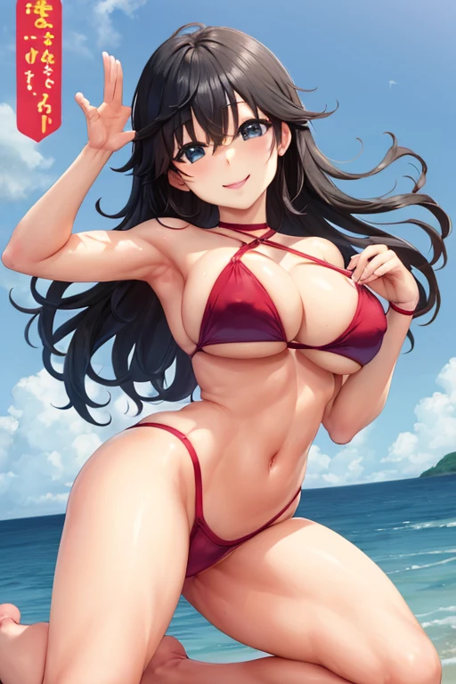 masterpiece, best quality, beautiful art, high resolution, well formed hands, body and fingers, 1 woman, solo, Tamaki Ako, adult, big breasted, cleavage, wearing a Tyris Flare outfit, full body, sexy and skimpy bikini, gorgeous legs and thighs , dancing seductively and erotically, turning backwards and forwards, showing her back and front, showing her butt, smiling joyfully, looking at the viewer, flirting, beach environment
