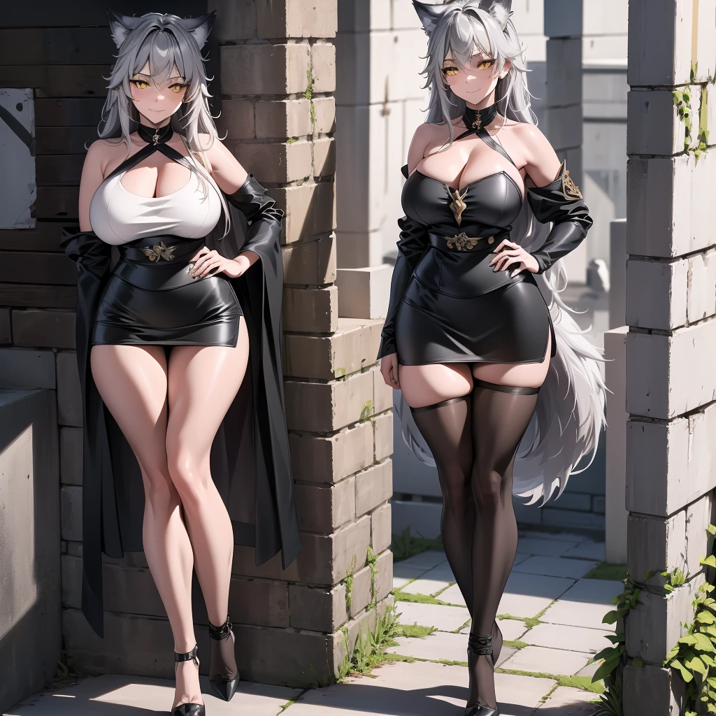 Full body portrait, single woman, masterpiece, 4k, wallpaper, highlydetailed face, ultra-detailed face, voluptuous, big breasts, curvy, long hair, gray-silver hair, a young wolf woman, wolf ears, long wolf tail, beautiful, enchanting, bright yellow eyes, detailed eyes, ultra-detailed eyes, elegant, small vertical scar under right eye, small rosy lips, big breasts, slender elegant arms, pretty hands, detailed hands, charming, slight blush, smug smile, black stylish shorts and top outfit, detached sleeves, light black armor, armored skirt, black armored coat, black metal armor, bare off shoulders, toned abs, exposed belly, standing pose, hands on hips pose