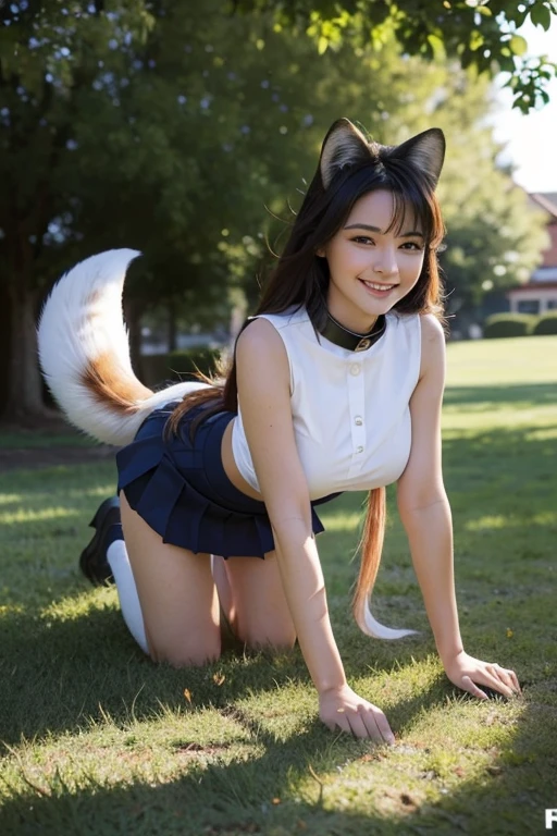 ((highest quality)), ((masterpiece)), (get used to it), perfect face, fox woman, Beautiful woman, public, A tail is growing, she has a fluffy tail, she has a fox tail, she wags her tail, smile, collar, She is wearing a CA uniform, beautiful hips, big breasts, big tail, crawl on all fours