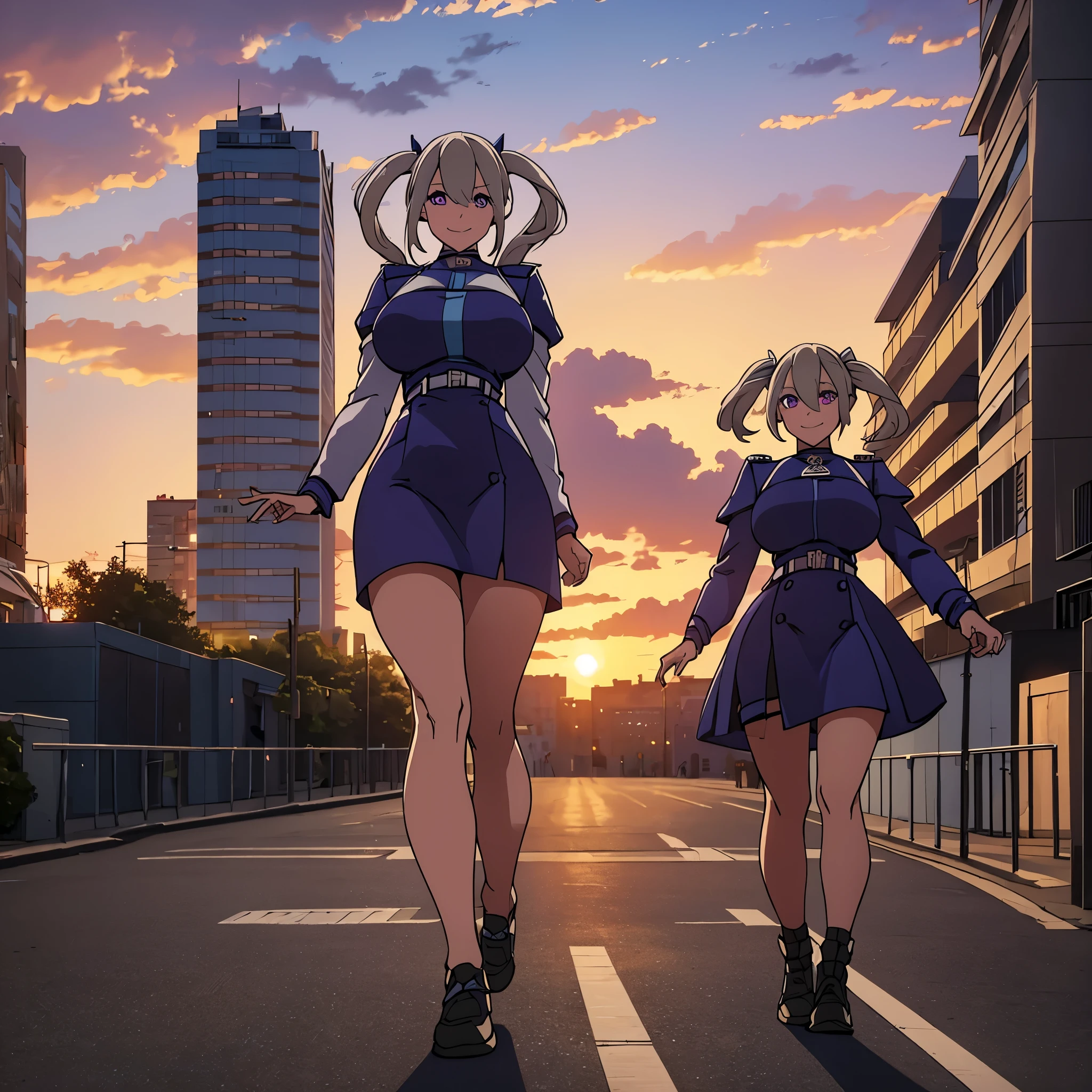 A woman wearing a dark blue military dress with white details, purple eyes, beige hair, pigtails, smiling, walking on a sidewalk in a big city, large buildings around, at sunset, lighting, HDR. ultra resolution, masterpiece, perfect, very detailed, 8k hd
