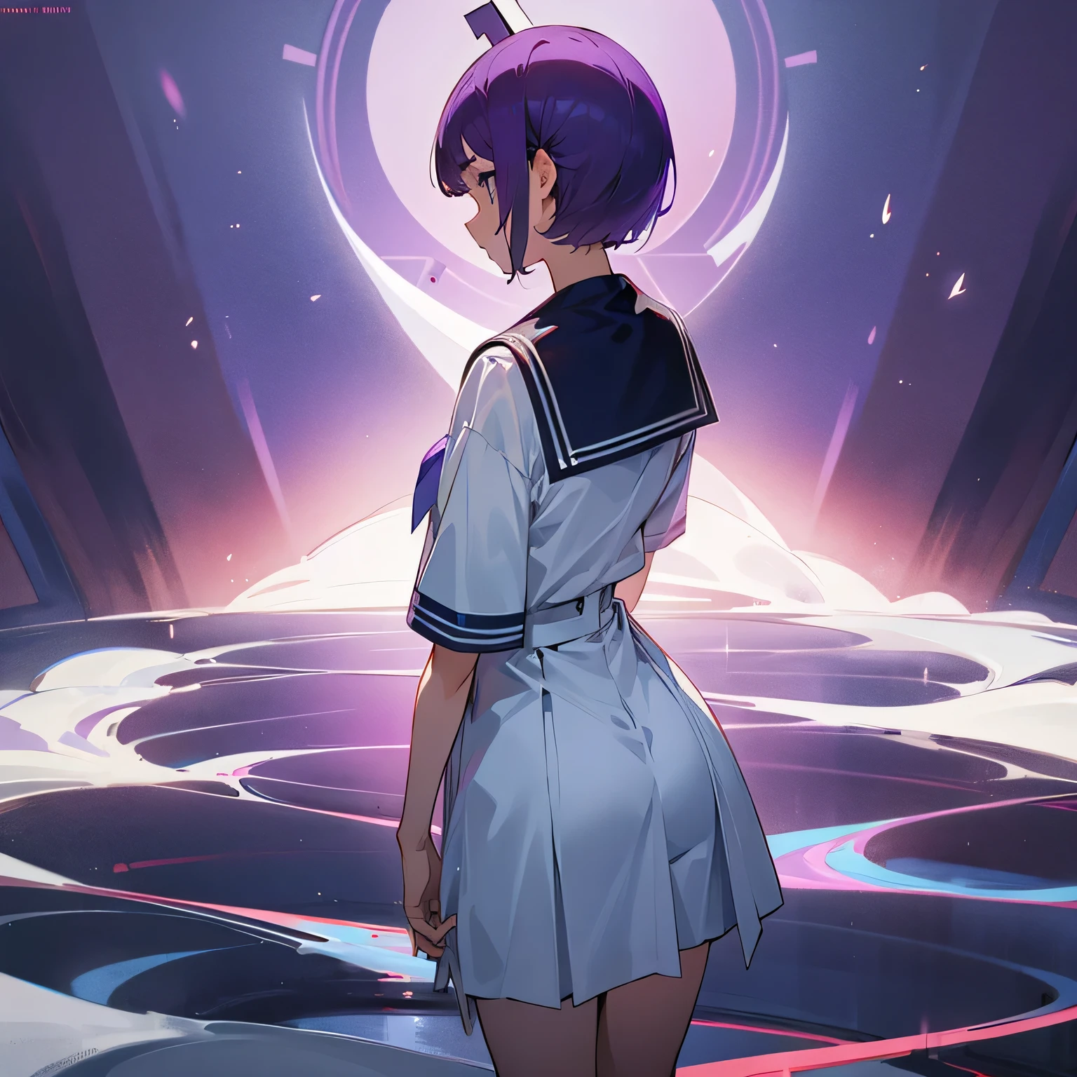 Purple short hair girl,Wear a sailor suit,back view,Turn your back to me,facing forward