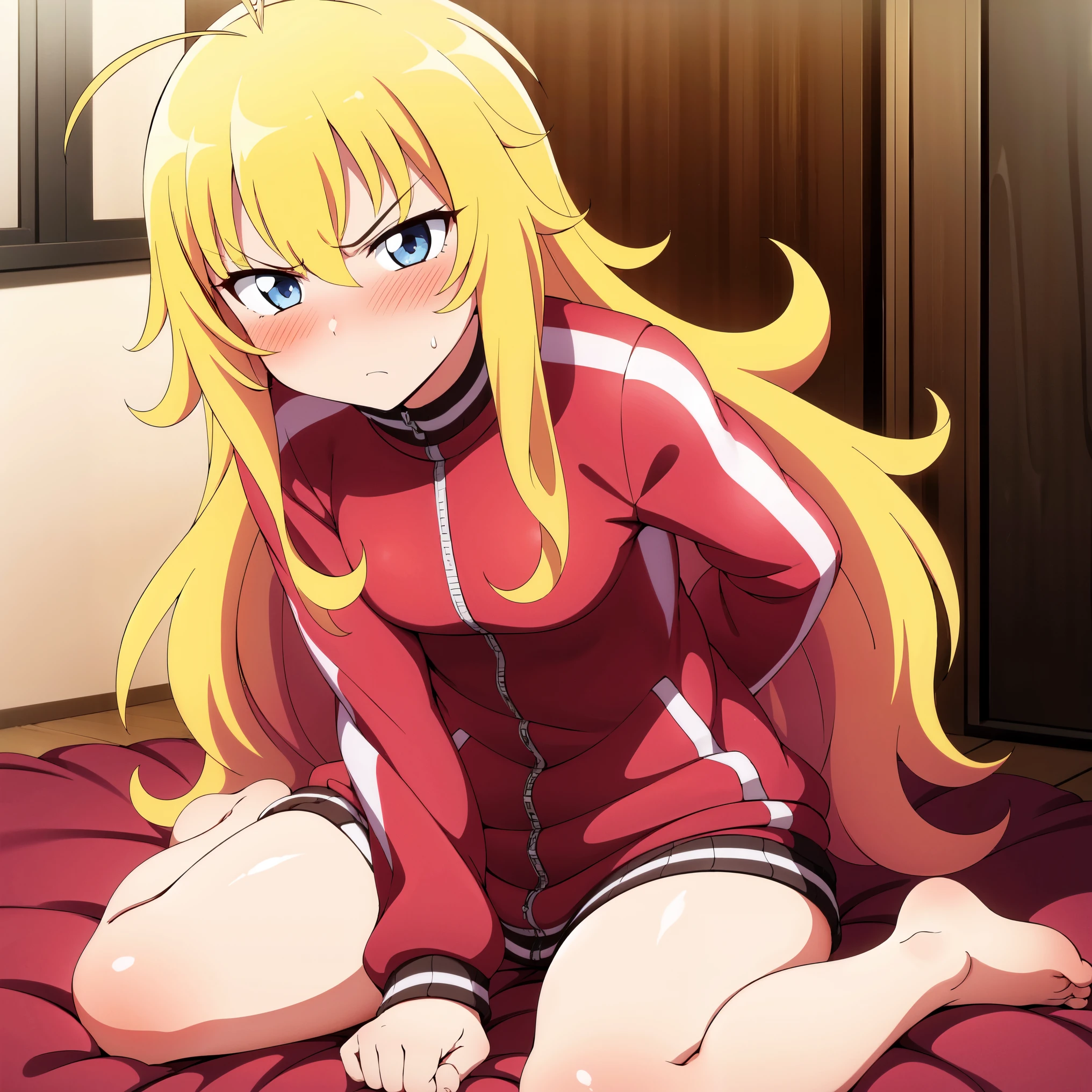 masterpiece, best quality, detailed, focus on character, (1girl:1.5), (solo:1.5), gabriel_temma_white, (long hair:1.5), (blonde hair:1.5), (messy hair:1.5), (blue eyes:1.5), (red jacket:1.5), (track jacket:1.5), (room:1.5), (antenna hair:1.5), (curvy body:1.0), (small breasts:1.5), (angry:1.5), (blush:1.5), (looking at viewer:1.5), (sketch:1.5), (sharped:1.5), (cowboy shot:1.5), (looking at viewer:1.5), (thighs:1.5), (wariza:1.5)