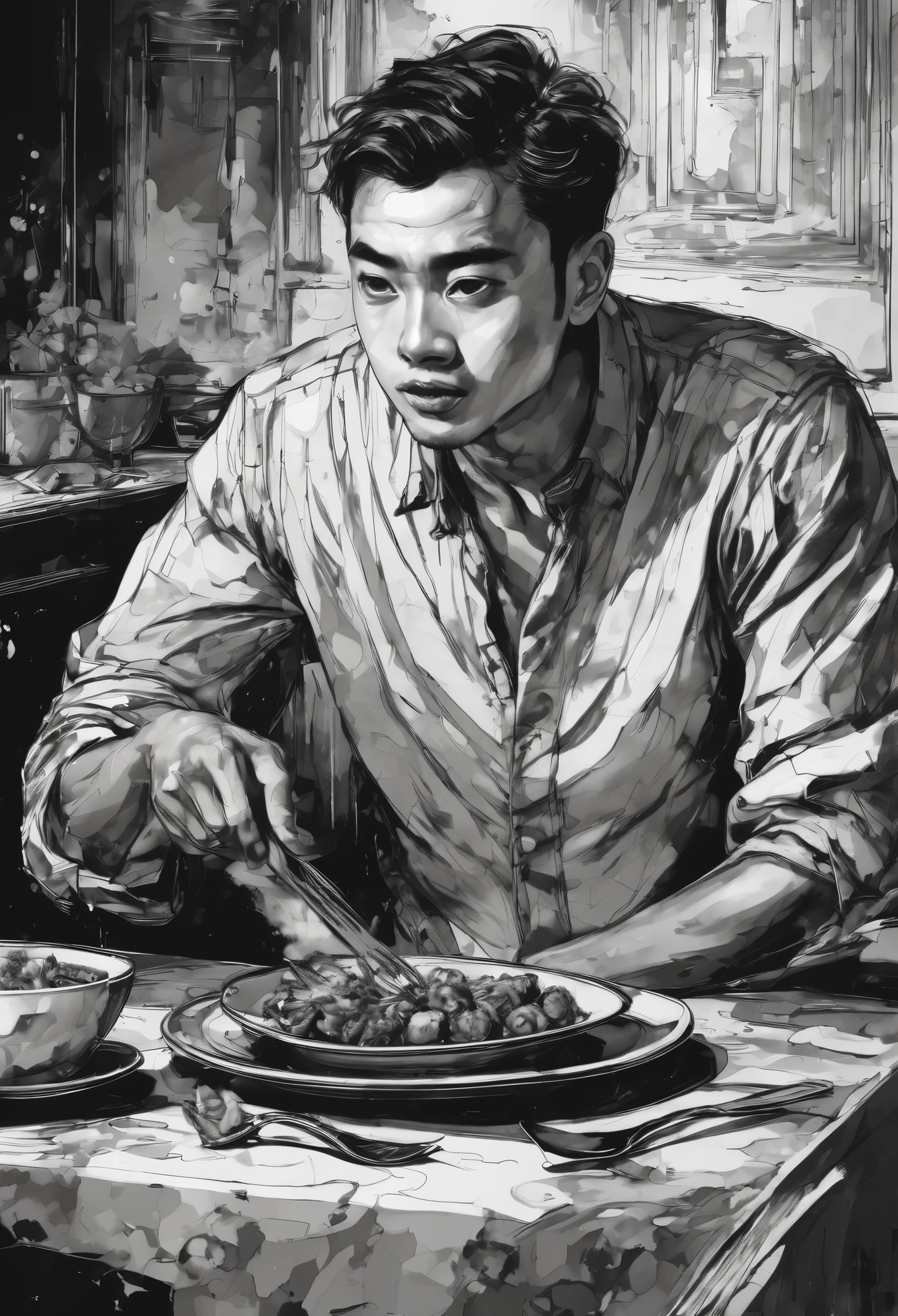 ****ung man, A young man in black and white ink painting，happy expression，Open your mouth wide，Eat at the table，The table is full of delicacies，Realistic details in the painting，Pattern re-scene shooting, Demonstrate dramatic expression and 2/3 face angle. The artwork is characterized by bold and expressive brushstrokes.，Create an ink-splashing art effect. highest image quality, Resolution is 4k or 8k, Demonstrate ultra-detailed features. It has a surreal, Almost photo quality. The art style is reminiscent of concept art, Focus on the essence of the subject. The contrast between black and white creates a vivid and impactful visual effect. Lighting is carefully designed，To enhance the complexity and dynamics of the artwork.