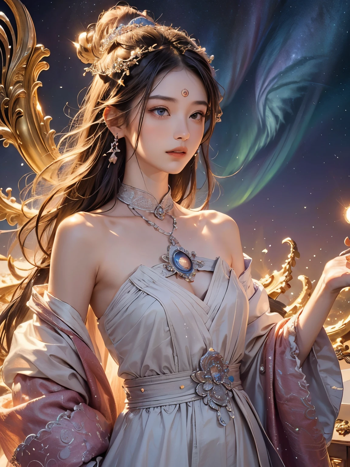 (Sun, moon and stars，night sky)，(​Masterpiece、top quality、top quality、official art、Exquisite and beautiful:1.2)、Shakyamuni Buddha，(1 girl in)、((Staff，Buddha&#39;s light，Current Ions，aurora))，Very detailed、(fractal art:1.3)、Colorful、most detailed,(Posture in motion:1.4)、Beautiful and delicate face with details、Beautiful and delicate eyes with details、Very fine eye definition, (symmetrical eyes:1.3),Floral fragrance,feather、Goddess image