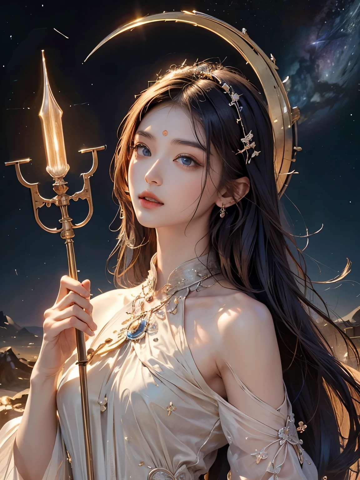 (Sun, moon and stars,night sky),(Masterpiece、top quality、top quality、official art、Exquisite and beautiful:1.2)、Shakyamuni Buddha,(1 girl in)、((Staff,Buddha's light,Current Ions,aurora)),Very detailed、(fractal art:1.3)、Colorful、most detailed,(Posture in motion:1.4)、Beautiful and delicate face with details、Beautiful and delicate eyes with details、Very fine eye definition, (symmetrical eyes:1.3),Floral fragrance,feather、Goddess image