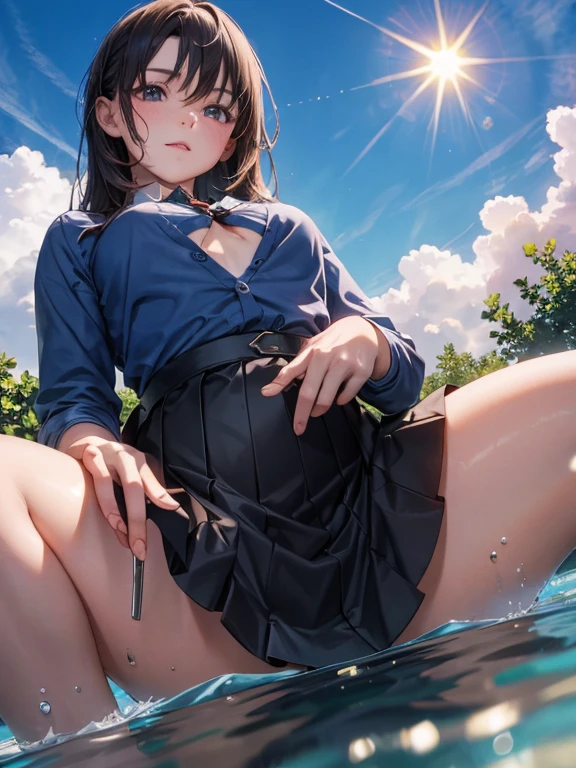 No Man， landscape， vanishing point， from below， master piece， best quality， 8K， absurd， water surface， summer， daytime， Light of the sun， blue sky， See-through， Depth of the bounds written， High resolution， small details， super detailed， sharp focus，Your chest is big，burst the top，Skirt fluttering