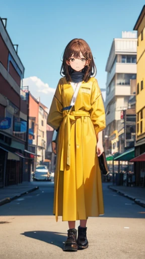 girl with brown hair, Yellow clothes, Colorless town, Unattended city on background