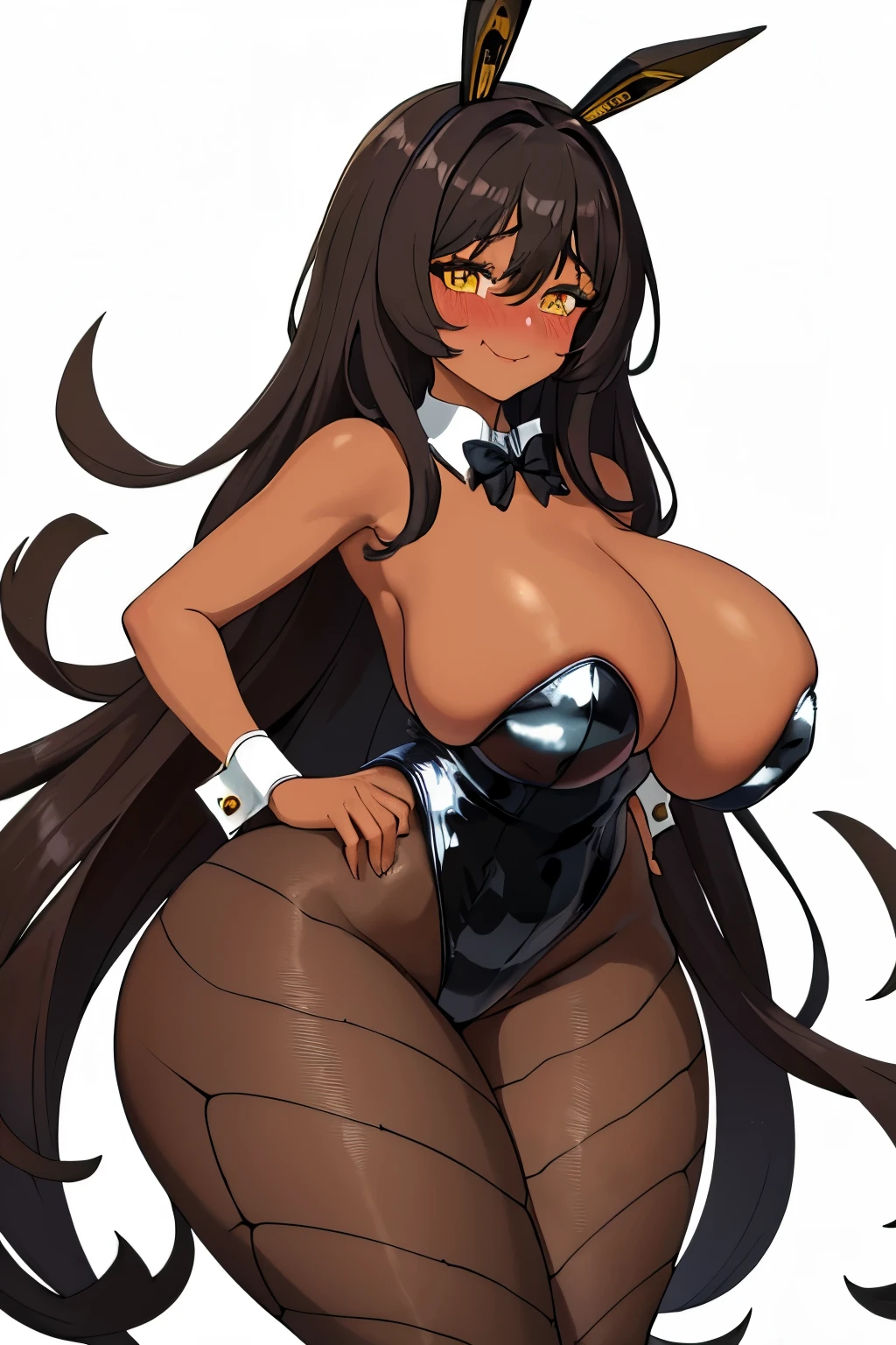 masterpiece, best quality, 1girl, solo, noir, playboy bunny, black leotard, bowtie, detached collar, wrist cuffs, fishnets, fishnet pantyhose, fake animal ears, very long hair, curvy, thick thighs, huge breasts, wide hips, standing, looking at viewer, smile, shy, nose blush, white background, (tan:0.6)