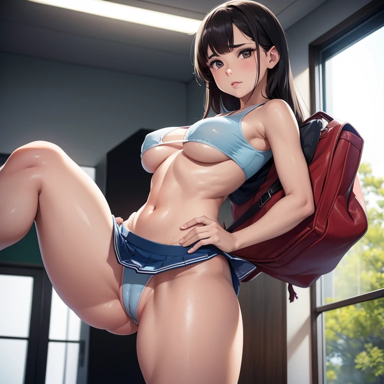 joven japonesa, mejorar, alumno, no bra, miniskirt, upskirt, Cuerpo, Delgado, pechos grandes, Piernas gruesas, Delgado waist, gimnasio de la escuela, sweaty Cuerpo, cinematic lighting, half naked, Erotic poses, tiny thonge, side thong, transparent lingerie, can see niples, mostrando sus tetas, cameltoe