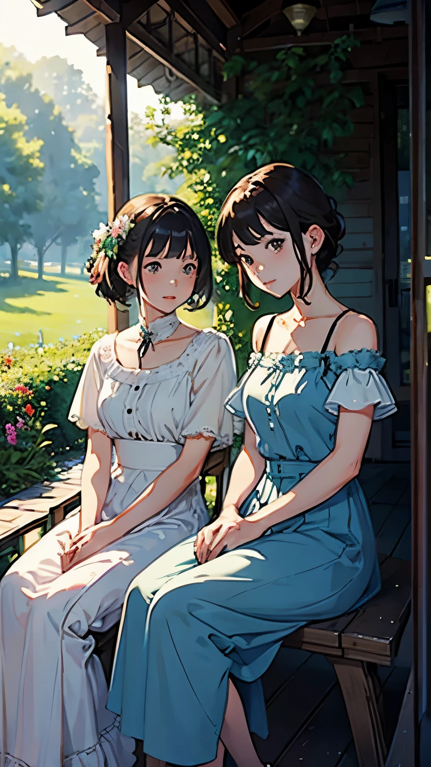 (highest quality、masterpiece、High resolution)、(Sargent style watercolor)、(anime art)、soft light、Views of the Cotswolds、old farmhouse、flowers bloom、((two women))、((One is sitting))、((The other one is standing))、medium short hair、dark brown hair、braided hair、White blouse and long skirt、picnic、table、Tea set、drink tea、cinematic light、soft sunlight、blur the background、