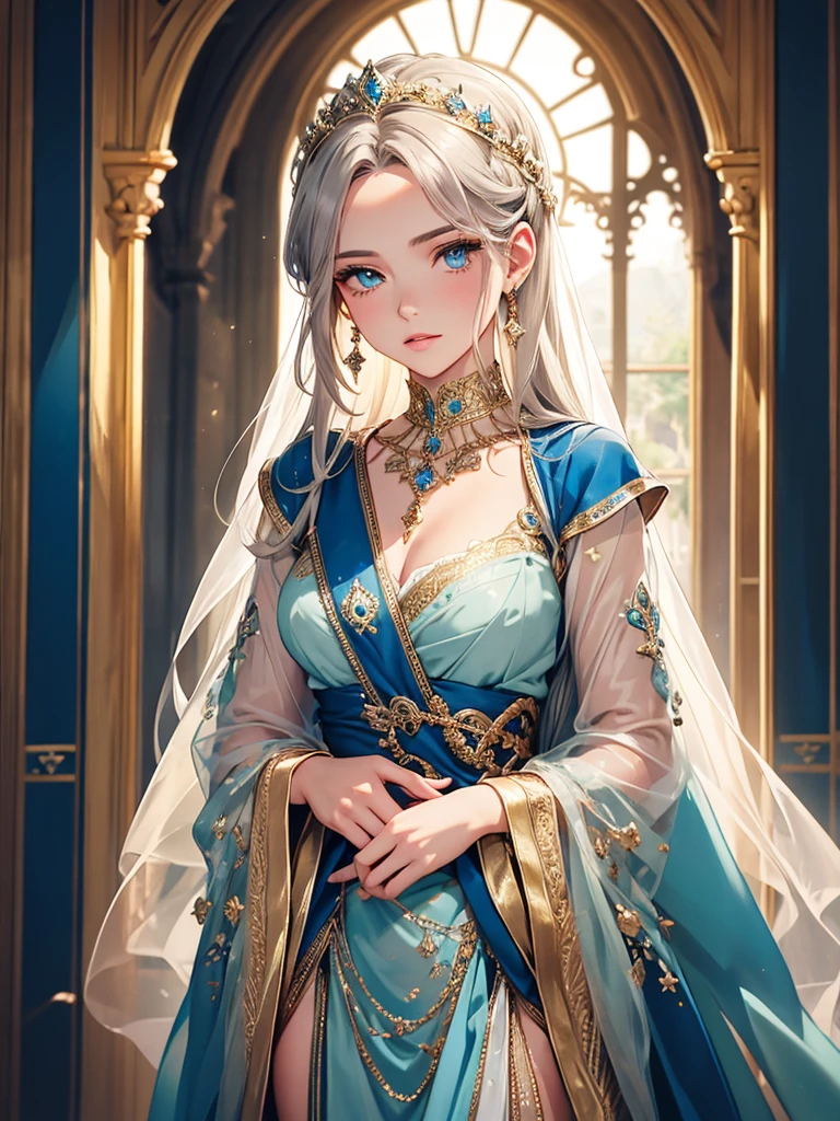 (best quality, high resolution, masterpiece:1.2), Super detailed, Beautiful and delicate lake green eyes, Beautiful and delicate lips, extremely detailed face, super long hair, 1 girl, royal members, Beautiful girl with golden beige hair, (Wearing a royal blue royal costume), see-through chiffon platinum shawl, (gold ornaments), golden and silver pattern, (light blue pattern), (complex pattern:0.5), Lovely, attractive, portrait, delicate eyes, Luminous earrings, Reflective pupil, royal clothing design, see-through detail clothing design, (empty:0.7), chiffon, (see-through chiffon), (lace:0.7), black gloves, Diamond choker, Diamond ring, Diamond hairpin, medieval european castle, Super high quality skin, Real skin texture, super high detail, anime, Realism, 8K, UHD, ccurate