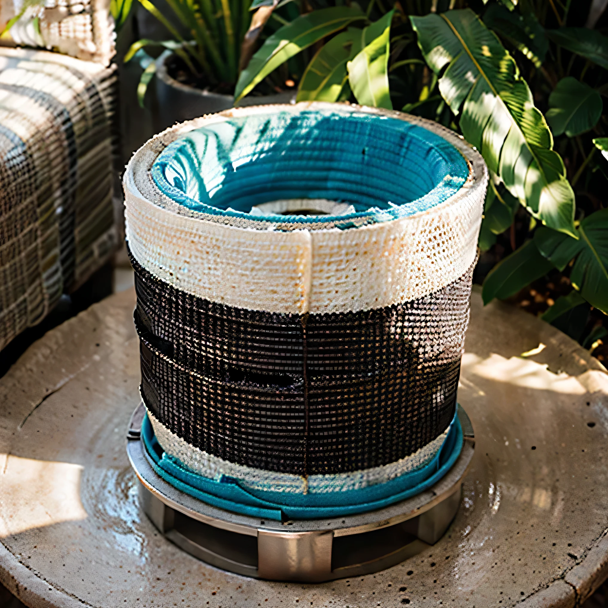Generates a detailed image of a flat cylinder-shaped filter designed to purify river water. El filtro consta de varias capas:
Capa superior de fibra de coco.
Expanded clay or porous ceramic cover.
Capa de zeolita.
Activated carbon layer.
Filtros de malla o tela al final del cilindro.