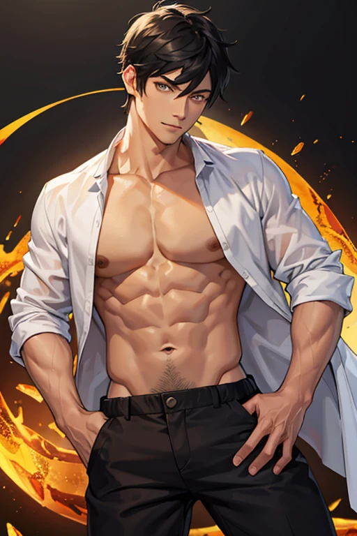 1 man, black hair, ((amber eyes)), no shirt