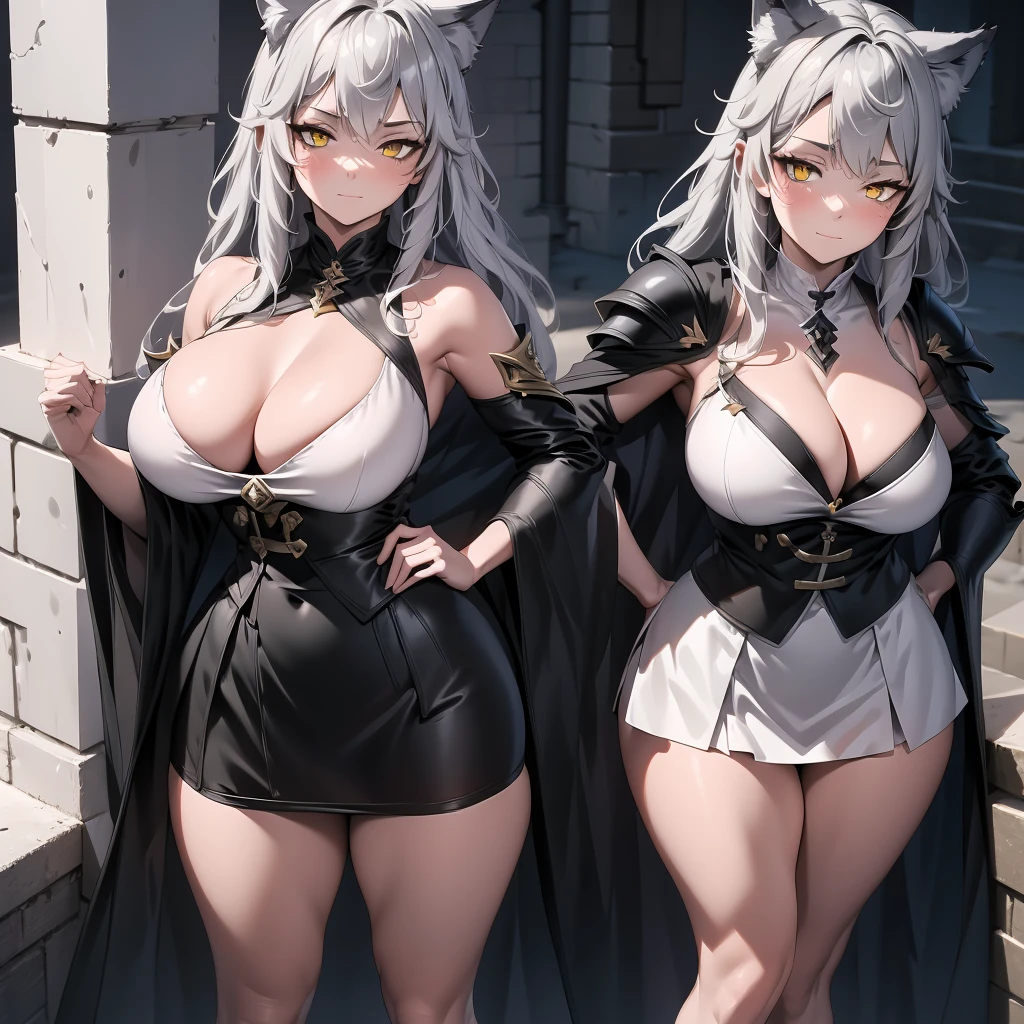 Full body portrait, single woman, masterpiece, 4k, wallpaper, highlydetailed face, ultra-detailed face, voluptuous, big breasts, curvy, long hair, gray-silver hair, a young wolf woman, wolf ears, long wolf tail, beautiful, enchanting, bright yellow eyes, detailed eyes, ultra-detailed eyes, elegant, small vertical scar under right eye, small rosy lips, big breasts, slender elegant arms, pretty hands, detailed hands, charming, slight blush, smug smile, black stylish shorts and top outfit, detached sleeves, light black armor, armored skirt, black armored coat, black metal light armor, bare off shoulders, toned abs, exposed belly, standing pose, hands on hips pose