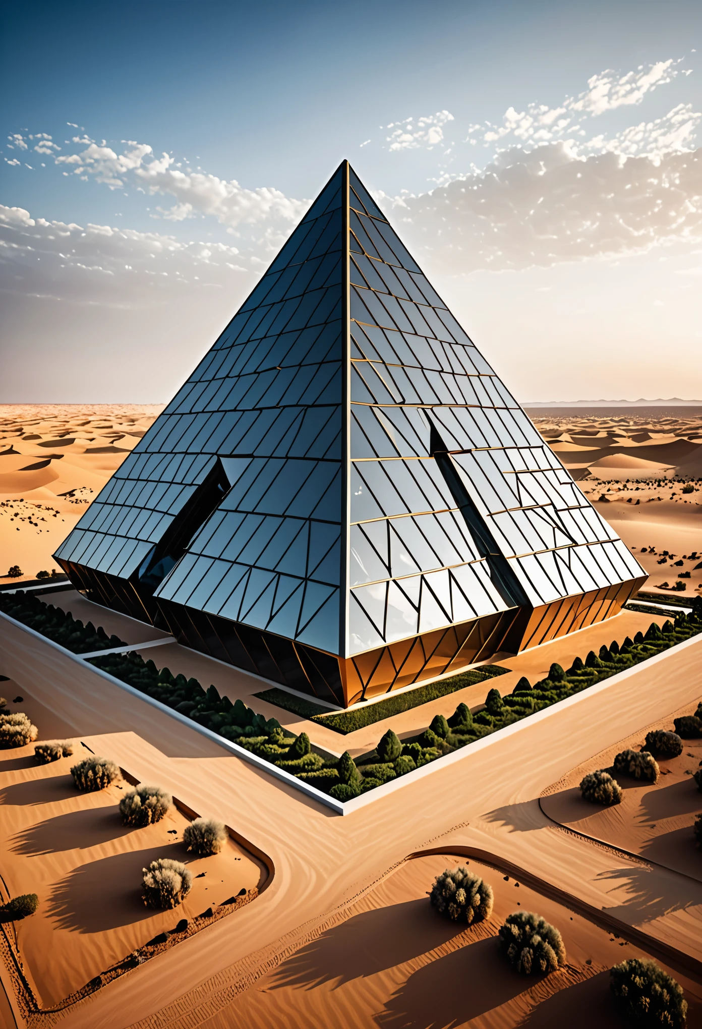 Visualize a massive geometric shape that dominates the landscape with its imposing presence. Picture a colossal structure, perfectly symmetrical and constructed with precision, standing tall against the horizon.Envision a giant geometric shape such as a towering cube, a massive pyramid, or a colossal sphere. This shape is composed of smooth, flawless surfaces that reflect light, creating a mesmerizing play of shadows and highlights.Imagine the structure's immense size, dwarfing everything around it. It may be surrounded by a barren desert, lush greenery, or even floating above a serene body of water. The contrast between the shape and its surroundings enhances its visual impact, making it a focal point of awe and curiosity.Picture the edges and corners of the geometric shape sharp and defined, accentuating its geometric perfection. The surface may be adorned with intricate patterns or textures, adding depth and complexity to its appearance.Consider the materials used in the construction of this giant geometric shape. It could be made of sleek metallic alloys, translucent glass, or even a combination of natural and synthetic materials, further emphasizing its futuristic or otherworldly nature.As you observe this enormous structure, imagine the sense of wonder and intrigue it evokes. Its sheer size and geometric form challenge our perception of space and reality, inviting contemplation and exploration.Allow yourself to be captivated by the simplicity and elegance of this giant geometric shape, appreciating its aesthetic beauty and the skill involved in its creation. Whether it serves a functional purpose or stands as an abstract work of art, it leaves a lasting impression on all who encounter it.