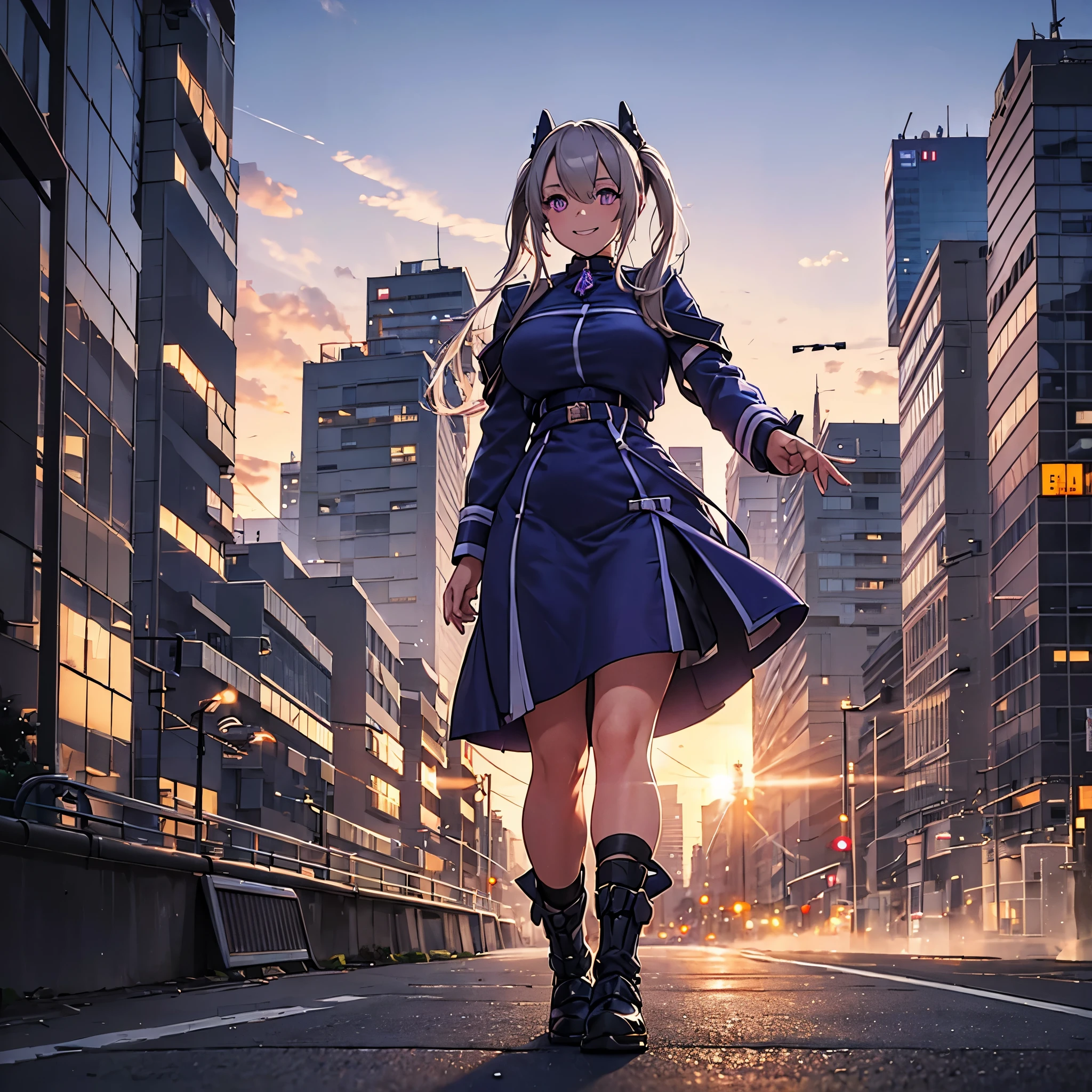 A woman wearing a dark blue military dress with white details, purple eyes, beige hair, pigtails, smiling, walking on a sidewalk in a big city, large buildings around, at sunset, lighting, HDR. ultra resolution, masterpiece, perfect, very detailed, 8k hd (just a woman, solo)
