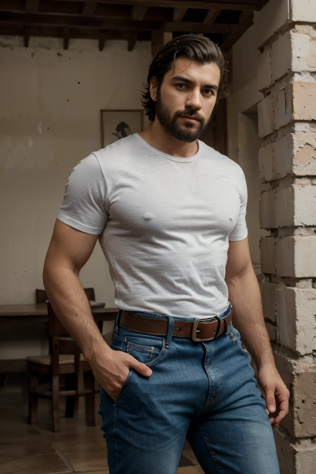 retrato de Richard, un hombre guapo mayor , pelo de sal y pimienta , barba mediana , wearing jeans with a big black belt , vistiendo una camisa a cuadros roja.
