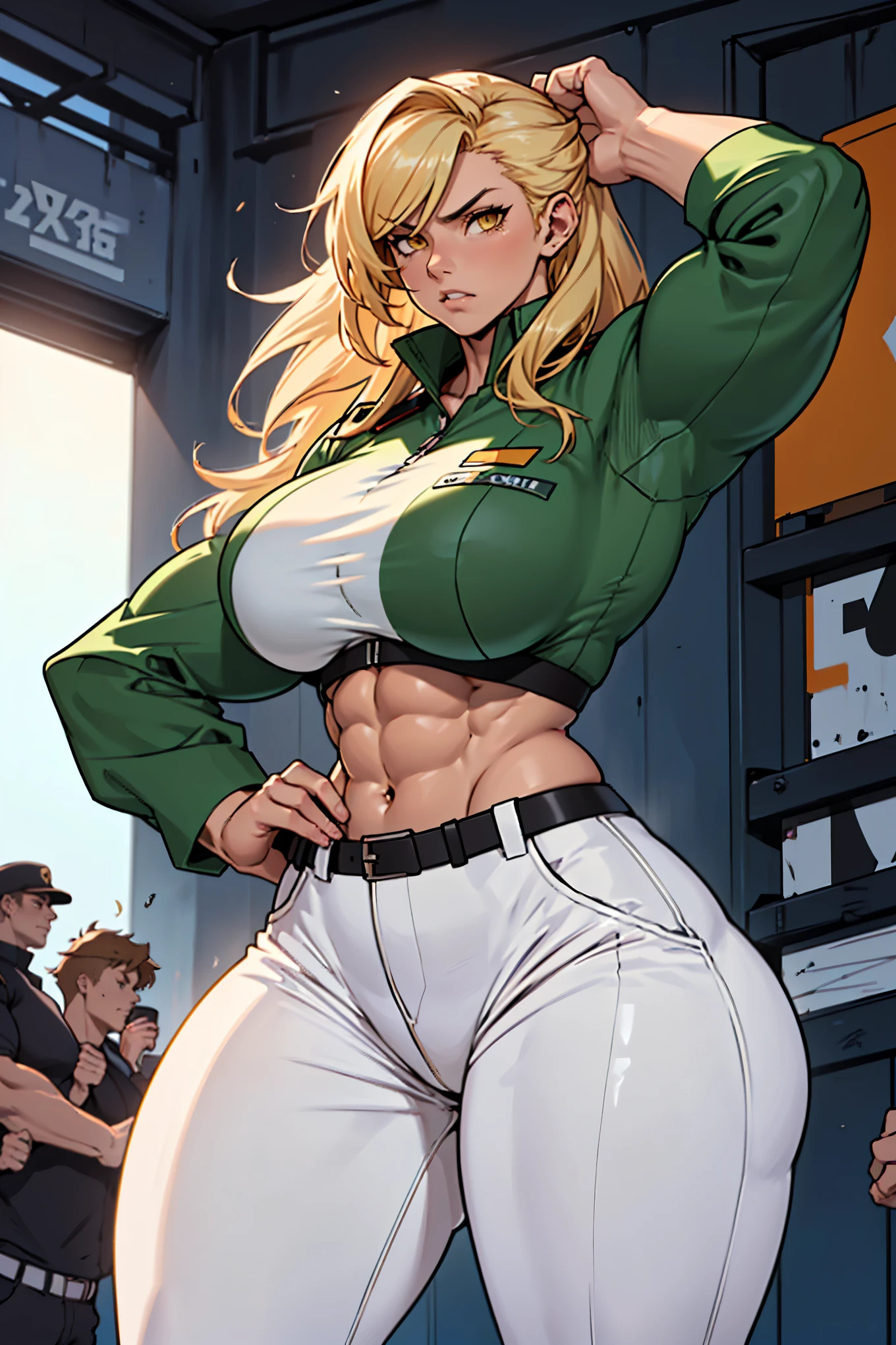 anger, (((Muscle girl, toned body, huge breasts))), ((6 pack, chiseled abs)), female bodybuilder, (((enough, huge breasts, big areola))), (((enough, huge hips))), Long silky blonde hair, yellow eyes、white skin (latex, uniform, wearing white uniform, Wearing white military pants), Crowd background