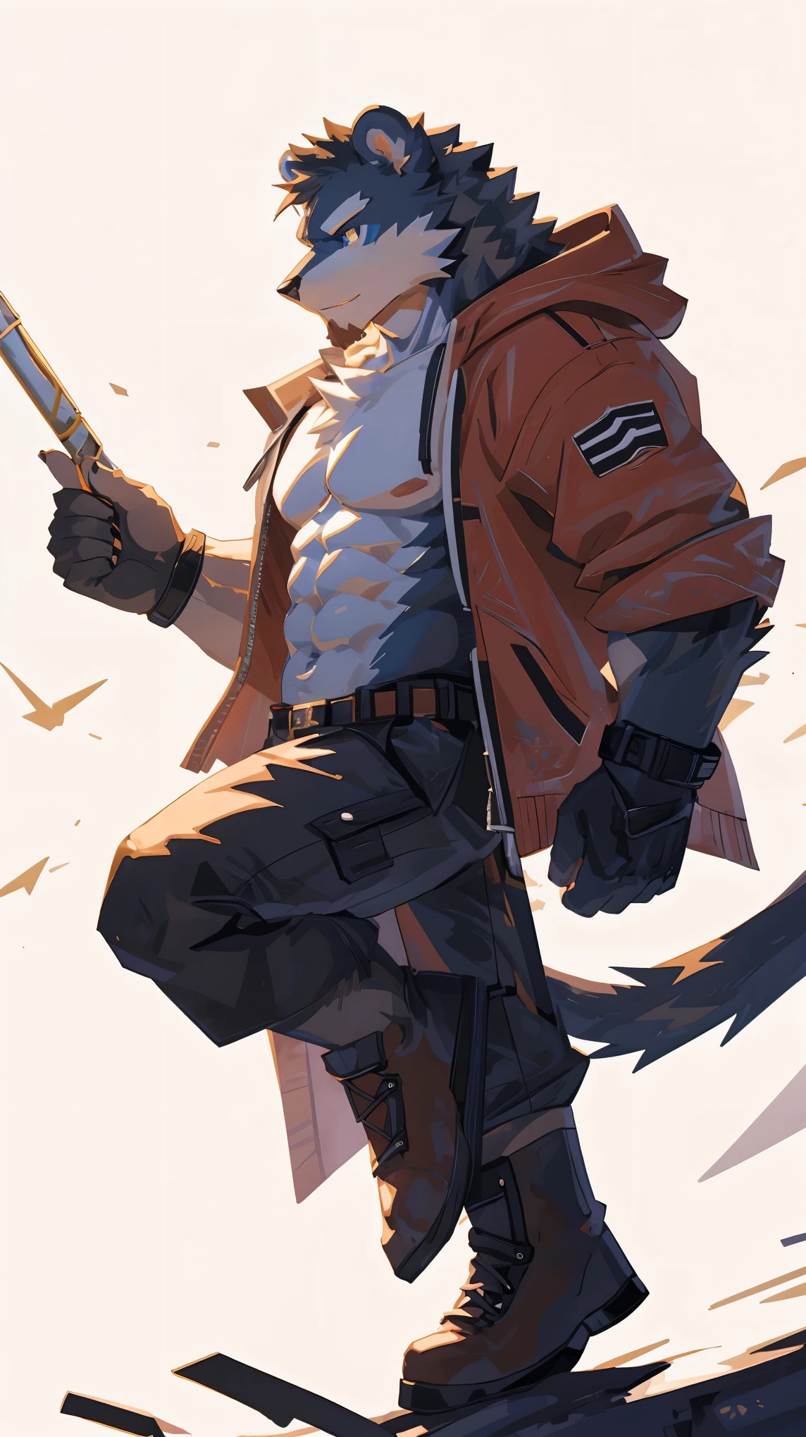 (masterpiece:1.2), best quality,pixiv,official art,perfect anatomy, (Ray tracing, light),solo, (1_male:1.3) , (muscle), (dark fur:1.4), (dynamic poses:1.3), (ultra deTailed), sharp focus, Negi, eyes, (glowing cyan eyes), hairy, (Gray fur:1.4),(muscle bear), (beard:1.2), Tail, Thick eyebrows,(open hoodie:1.3), black gloves, naked inside, cargo shorts, boots, ultra deTailed face, high deTails, high quality, (best quality,4K,8K,high resolution,masterpiece:1.2),bright colors, reach hand, (white background:1.3)