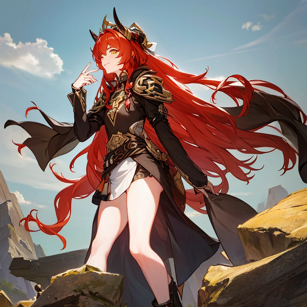 ((Masterpiece: 1.5, best quality, high resolution: 1.3, super resolution, super detailed, ultra detailed: 1.3, rich background: 1.2, Perfect Anatomy:1.5, 1 woman) pale skin + flame red hair + Long curly hair + yellow eyes + feminine figure + medium chest + small waist + wide hips + long reddish horns (Long shirt with slits, belt at her waist, accessories on her thighs, no shoes, minimal jewelry, indigenous style) ((open eyes, smile , walking, dramatic lighting, background of an elegant street)) ((colors for clothing: brown, black, red, yellow, gold))