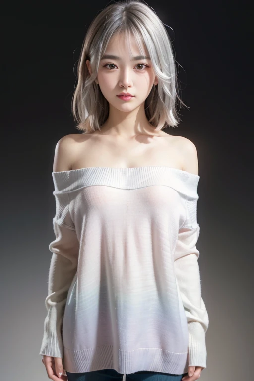 beautiful japanese woman、1 person,very pretty and slim、outstanding style 、((8K image、super high quality))、very delicate face, skin and hair、long hair、straggling hair,(((((((gradient hair、silver hair))))))),Very cute Japanese cut face、Eyes and nose are clearly visible、kind eyes,(((off shoulder sweater、simple background、looking at the viewer)))、full body shot