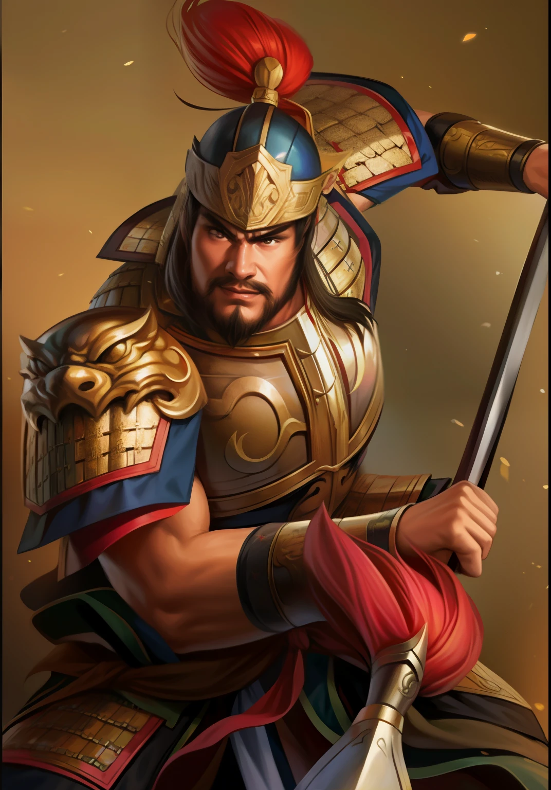 A painting of a man in armor holding a sword and a dog, Chinese warrior, Guan yu, , Mongol, Inspired by Hu Zaobin, zhao yun, Three Kingdoms of China, photo of adult male warrior, inspired by Li Gonglin, Inspired by Li Kan, Inspired by Fan Kuan, bian lian