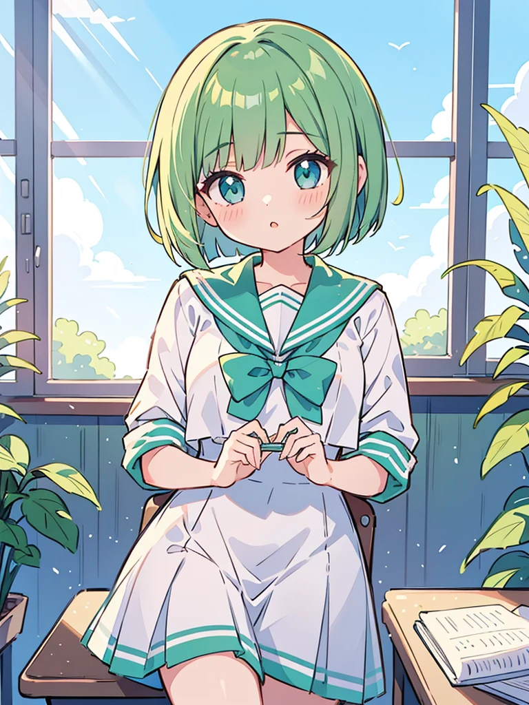 masterpiece, beautiful illustrations, highest quality, pretty girl, 1girl, classroom, pastel colour, sailor collar, (Spring Green bob cut), bright lighting, sky-blue eyes