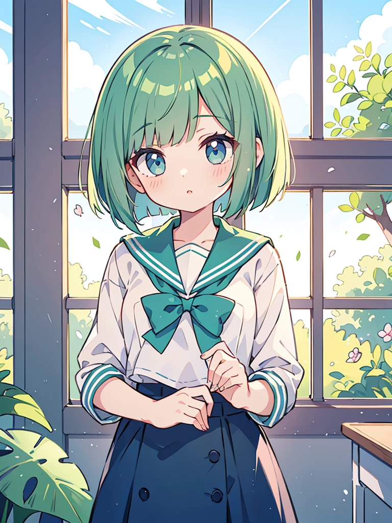 masterpiece, beautiful illustrations, highest quality, pretty girl, 1girl, classroom, pastel colour, sailor collar, (Spring Green bob cut), bright lighting, sky-blue eyes