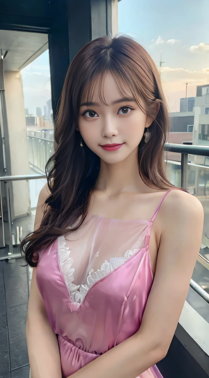 8K, masterpiece, Raw photo, highest quality, realistic, extremely detailed CG unity 8K wallpaper, Depth of the bounds written, cinematic light, Lens flare, ray tracing, (very beautiful face, beautiful lips, beautiful eyes), face with intricate details, ((highly detailed skin)) 1 girl, in the dark, deep shadow, cute asian girl, Idol,(Very slim and slender fit muscular body:1.3), ((looking at the viewer)),(big smile:1.3), (cityscape, blurred background), (dim light, rooftop, balcony), pretty girl, earrings, bracelet, necklace, clear eyes, walk , front shot, (pale skin), look forward, (Big eyes), ((full body shot)), ((Black silk)), ((See-through red color sleeping gown:1.3)), (brown hair) (looking at the viewer:1.3), (lace ), open chest, medium breasts , (See through, Pink sleepwear :1.3), balcony