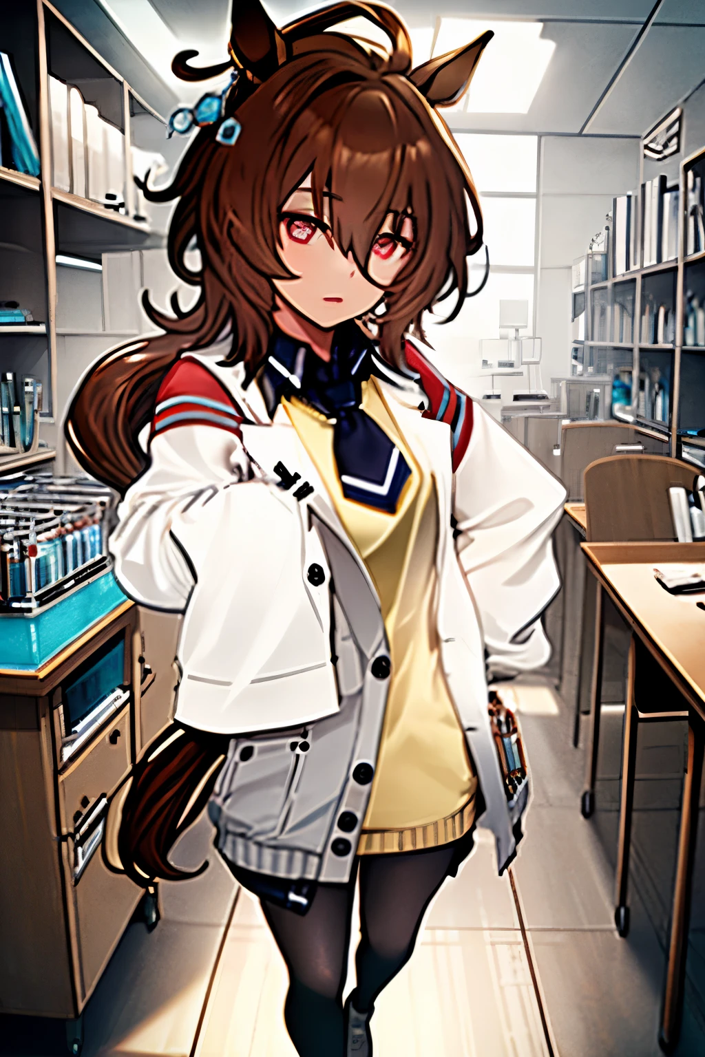 (masterpiece:1.2、top-quality)、(Beautiful Eyes of Details:1.2)、(the Extremely Detailed CG Unity 8K Wallpapers、masterpiece、top-quality、ultra-detailliert、Best Shadows)、(Detailed background)、(beautifull detailed face、beatiful detailed eyes)、highly contrast、(The best lighting、extremely delicate and beautiful)、1girl in、dynamic ungle、dynamicposes:1.4、full body Esbian、Agnes-Tachyon\(Umamusume\)、solo、hunk_Eyeanteau blanc、Black pantyhose、((sleeves past fingers))、Yellow sweater、Black tie、Horse Girl、Horse's tail、brown haired、red eyes、sleeves past wrists、The background is the science room、lab room、flask、Glass Tube