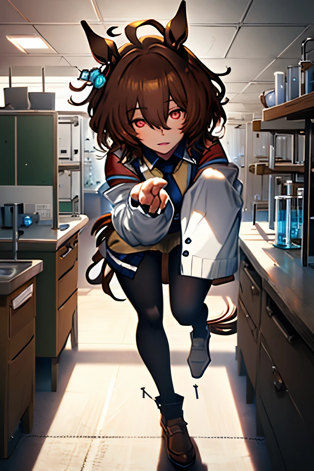 (​masterpiece:1.2、top-quality)、(Beautiful Eyes of Details:1.2)、(the Extremely Detailed CG Unity 8K Wallpapers、​masterpiece、top-quality、ultra-detailliert、Best Shadows)、(Detailed background)、(beautifull detailed face、beatiful detailed eyes)、highly contrast、(The best lighting、extremely delicate and beautiful)、1girl in、dynamic ungle、dynamicposes:1.4、full body Esbian、Agnes-Tachyon\(Umamusume\)、solo、hunk_Eyeanteau blanc、Black pantyhose、((sleeves past fingers))、Yellow sweater、Black tie、Horse Girl、Horse's tail、brown haired、red eyes、sleeves past wrists、The background is the science room、lab room、flask、Glass Tube