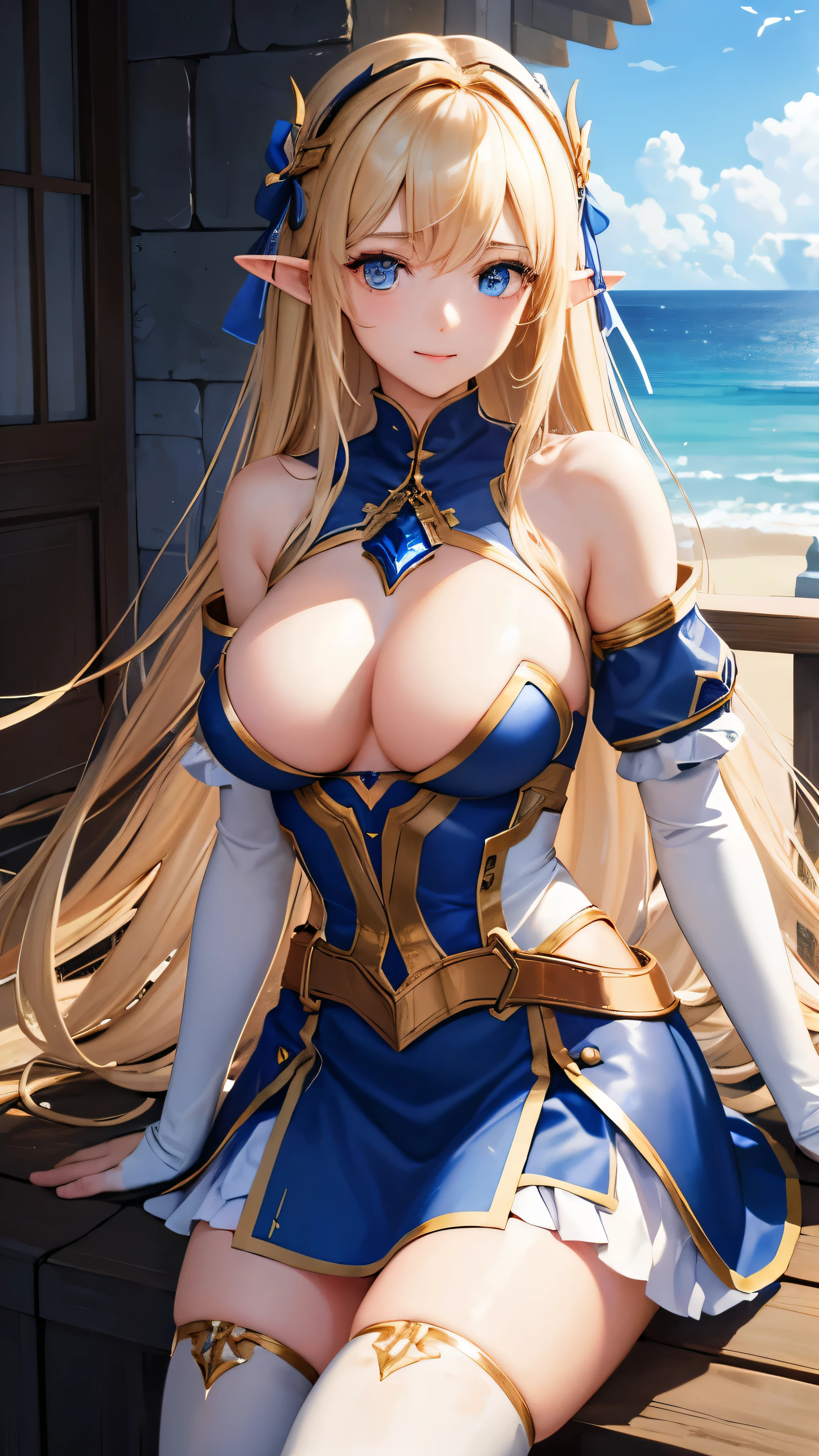 (8K, Raw photography, top-quality, masterpiece:1.2), One elf Woman、girl at the age of 18,fullllbody.{scinematic angle、Wide Angle、Don't split the screen、}(Realistic Skins 1.4)、(valkyrie、Valkyria)、(((Western knights、Plate armor covering the whole body、Metal armor、nffsw)))、(royal blue above knee skirt with golden trim) 、(((Sky with light、Asgard))、50mm Lens、30mm film、wide angles、(long、)、(A waist long straight blonde-haired)、blue eyes、shinny skin、beautiful detailed hair、cheerful smile, Beautiful delicate face、Beautiful delicate eyes、{huge chest、perfect tits, muscular body、}、(standing:1), bare shoulder, tight-high white stocking with golden-trim, (white:1) above elbow armhose and glove,