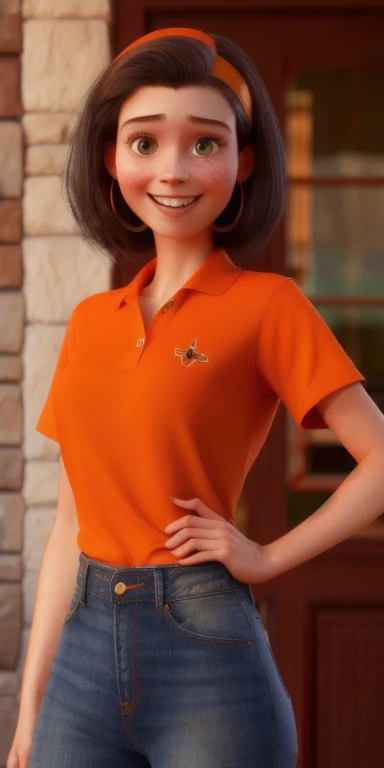 pixarstyle a waist-length portrait of a young woman in an orange polo shirt, jeans, smile, office, natural skin texture, 4k textures, HDR, intricate, highly detailed, sharp focus, cinematic look, hyper detailed