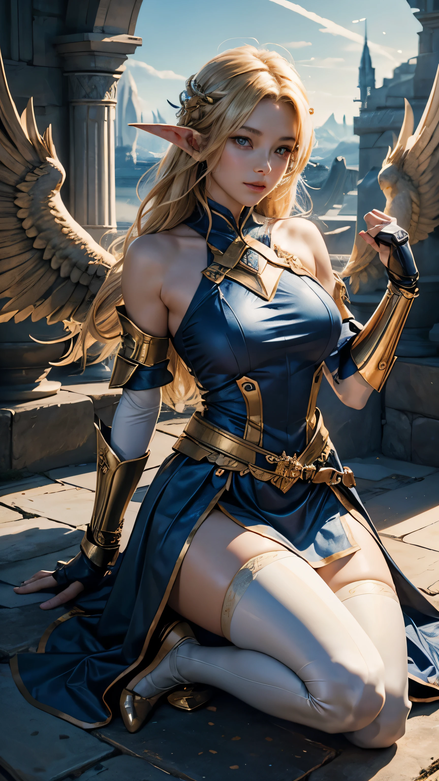 (8K, Raw photography, top-quality, ​masterpiece:1.2),  One elf Woman、girl at the age of 18,fullllbody.{scinematic angle、Wide Angle、Don't split the screen、}（Realistic Skins 1.4）、（valkyrie、Valkyria）、（（（Western knights、Plate armor covering the whole body、Metal armor、nffsw）））、(royal blue above knee skirt with golden trim) 、（（（Sky with light、Asgard））、50mm Lens、30mm film、wide angles、（long、）、（A waist long straight blonde-haired）、blue eyes、shinny skin、beautiful detailed hair、cheerful smile, Beautiful delicate face、Beautiful delicate eyes、｛huge chest、perfect tits, muscular body、｝、(standing:1), bare shoulder, tight-high white stocking with golden-trim, (white:1) above elbow armhose and glove, 