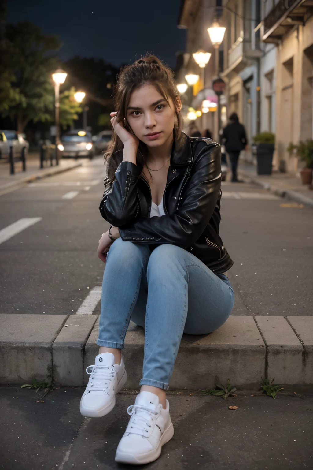 ((Mejor calidad)), ((obra maestra)), (detallado), cara perfecta, sexy woman, dressed in tight denim jeans, sitting wearing a leather jacket, at night, lights, hair up and white sneakers. standing in a park in the city of Cusco, you can't see her hands, it's night, she hides her hands, real, realistic, great detail