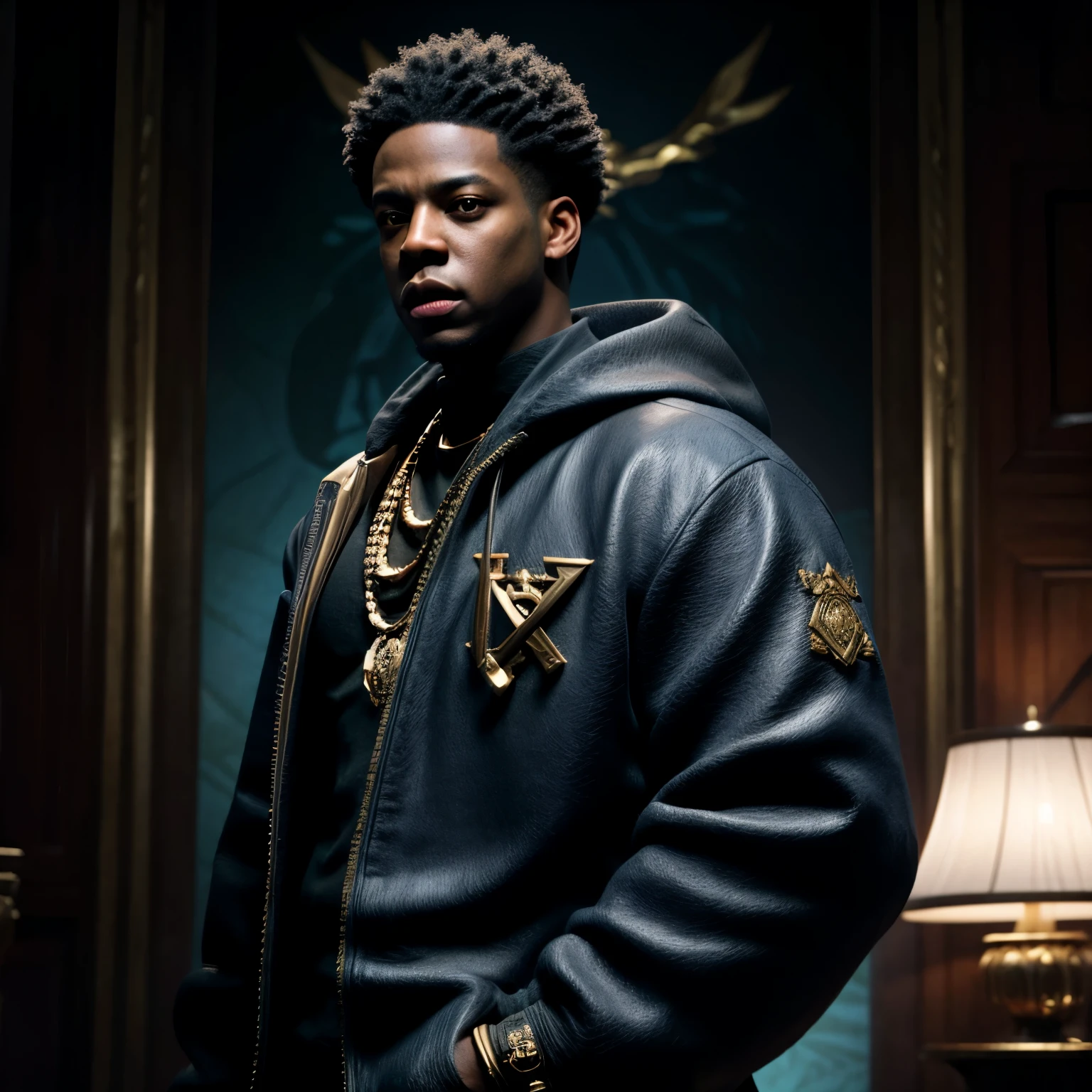 “A portrayal of a crew action film movie poster titled Children of the scorn”, with men, women, group of people, more than one person, in a palace hall, African American, dark caesar haircut, low hair, smiling, hip hop influenced, cinematic photo style, warriors, ninja inspired, carhartt style, Children of Rhea Ripley, male, masculine, melanin skin tone, African American, genetics, fashion style similar to Jay z, muscular, athletic, warriors of strength, confidence, honor, calm, competent, ambitious, naturally attractive, godly essence, eyes with auburn glow, long sleeve shirt, streetwear, divine presence, cancerian energy, Sagittarius energy, Libra energy, diamond jewelry, mini Afro, city outside, 4k photo, 8 k photo, high quality, art, luxurious city vibe, luxurious fleece jackets, movie project, NY, fitted suits, embroidery