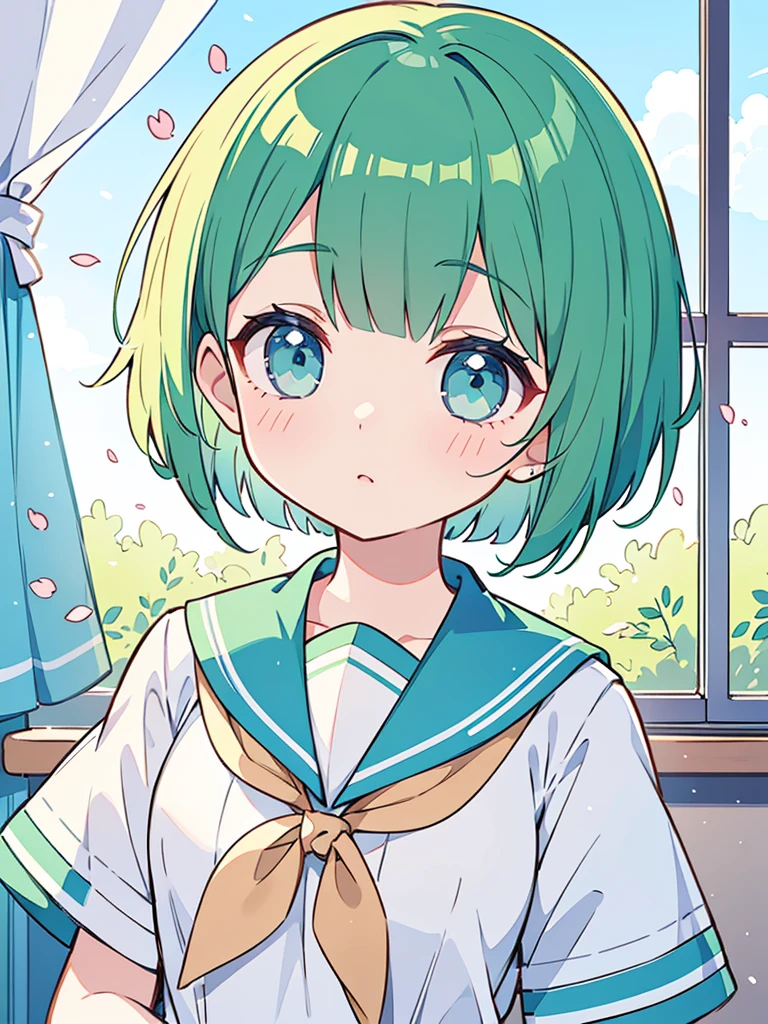 masterpiece, beautiful illustrations, highest quality, pretty girl, 1girl, classroom, pastel colour, sailor collar, (Spring Green bob cut), bright lighting, sky-blue eyes