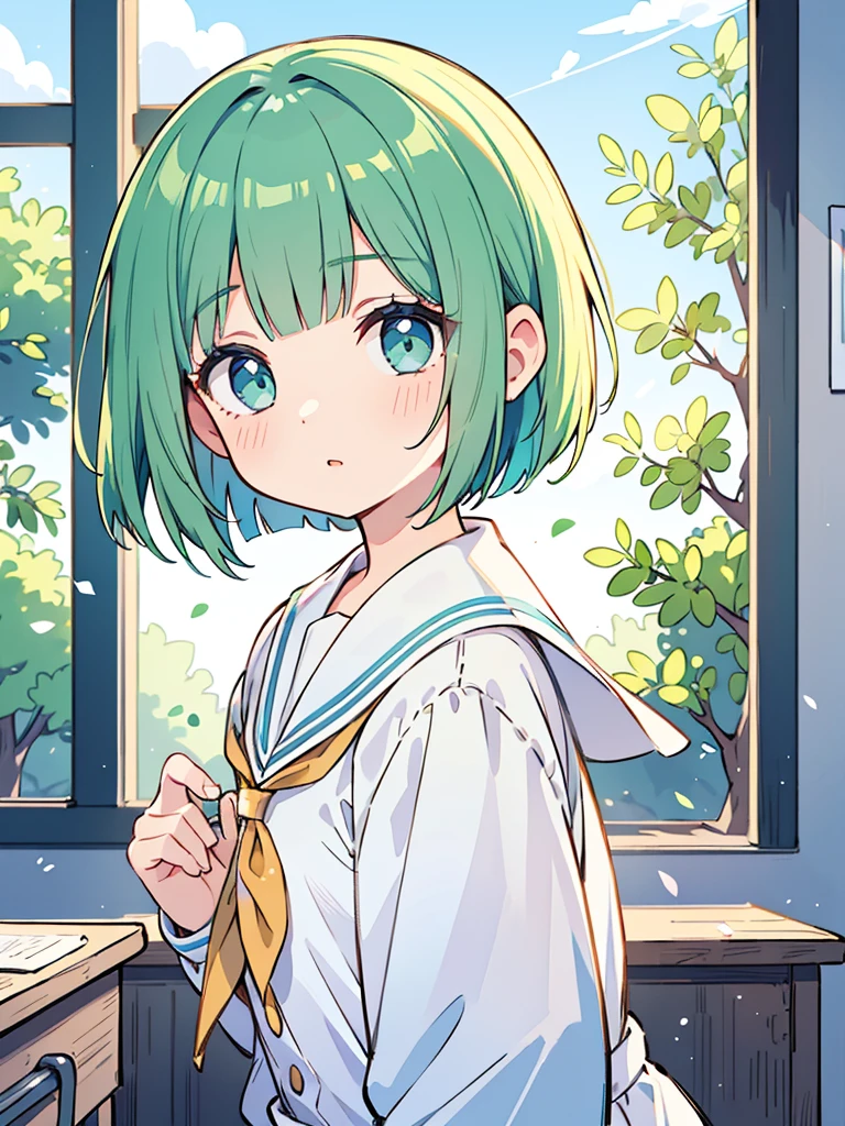 masterpiece, beautiful illustrations, highest quality, pretty girl, 1girl, classroom, pastel colour, sailor collar, (Spring Green bob cut), bright lighting, sky-blue eyes