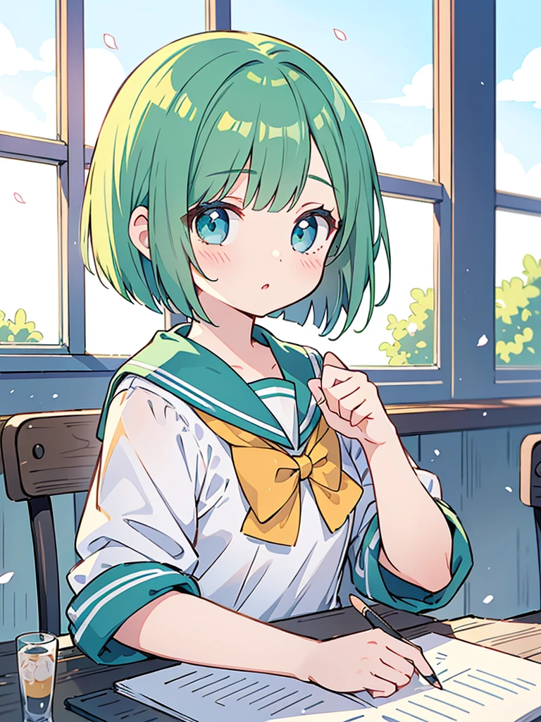 masterpiece, beautiful illustrations, highest quality, pretty girl, 1girl, classroom, pastel colour, sailor collar, (Spring Green bob cut), bright lighting, sky-blue eyes