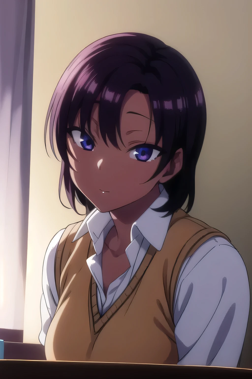 sehinata, Sae Hinata, Blue eyes, purple hair, dark skin, dark-skinned woman, short hair,
BREAK shirt, a gift, , White shirt, collared shirt, a gifttie, red a gift, sweater vest, brown sweater,
BREAK looking at viewer,
BREAK indoors, Class,
BREAK (masterpiece:1.2), Best quality, A high resolution, unity 8k wallpaper, (illustration:0.8), (Beautiful detailed eyes:1.6), very detailed face, perfect lighting, extremely detailed computer graphics, (perfect hands, Ideal Anatomy),