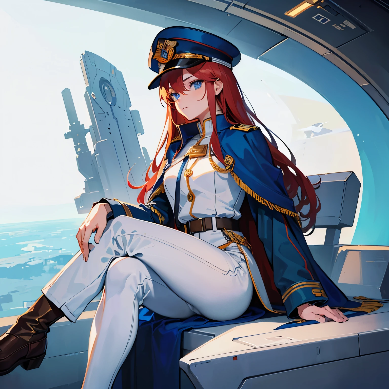 ((Masterpiece)), ((Highest Quality)), ((Best Quality)), (Illustration of One Girl), Full Body, 25 Years Old, Long Red Hair, (Thin Hair on Both Sides of the Face), Blue Eyes, (Tall)), ((Muscular Strong Body)), (Manspreading)), Open Legilitary Uniform)), (Military Hat)), ((Military Coat)), (White Clothes), (White Pants), (White Hat), Trench Coat, ((Inside the spaceship, sitting in the captain's seat)), (outside the window, space, Earth seen from space, spaceport)