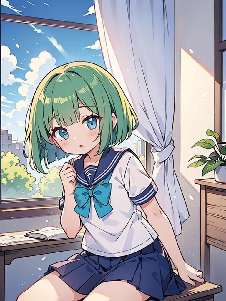 masterpiece, beautiful illustrations, highest quality, pretty girl, 1girl, classroom, pastel colour, sailor collar, (Spring Green bob cut), bright lighting, sky-blue eyes