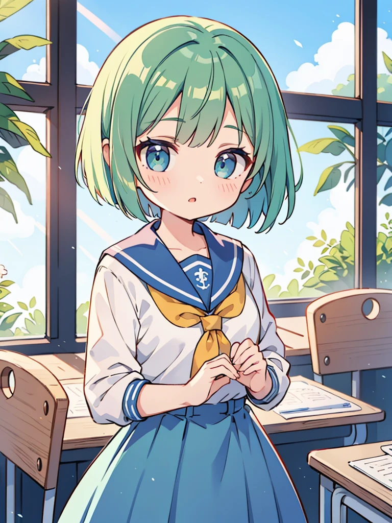 masterpiece, beautiful illustrations, highest quality, pretty girl, 1girl, classroom, pastel colour, sailor collar, (Spring Green bob cut), bright lighting, sky-blue eyes