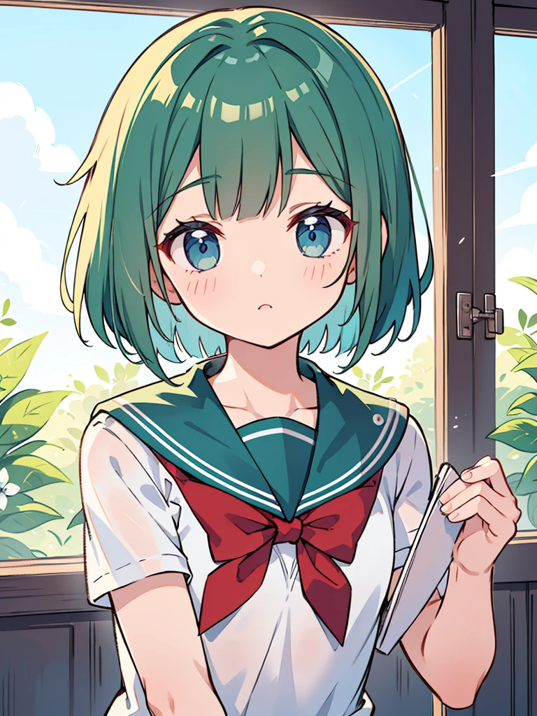 masterpiece, beautiful illustrations, highest quality, pretty girl, 1girl, classroom, pastel colour, sailor collar, (Spring Green bob cut), bright lighting, sky-blue eyes