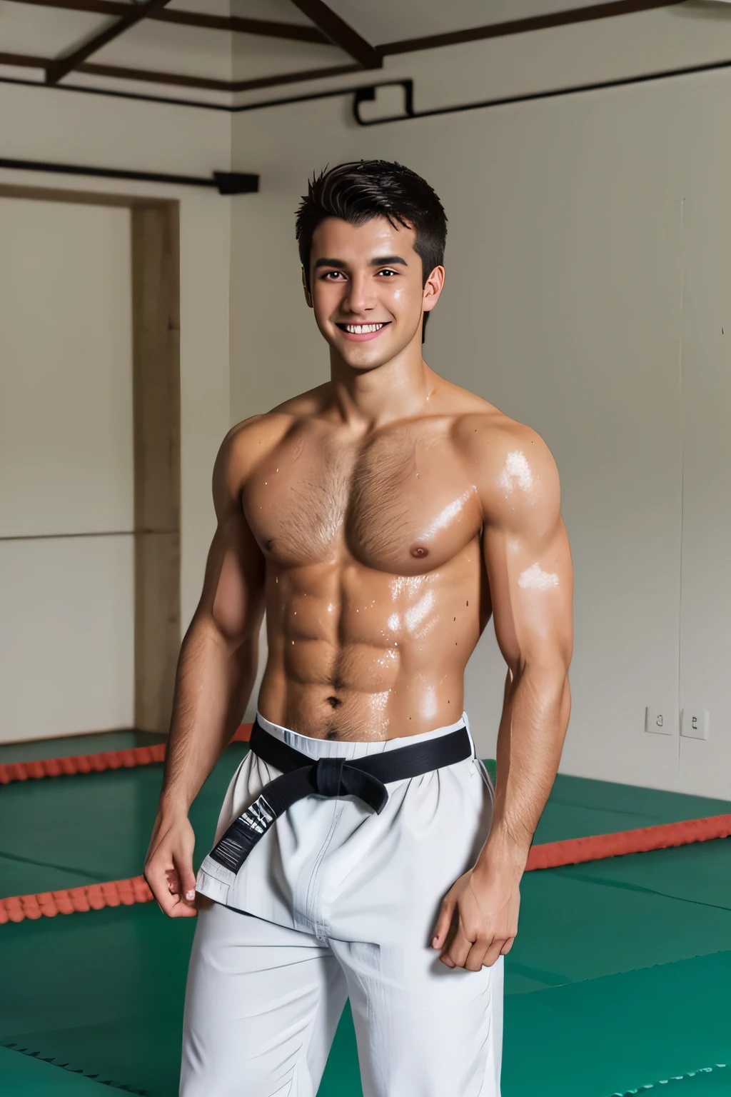 shirtless smiling sweat-drenched standing 21-year old short black hair handsome caucasian male, white karate pants, black belt, barefoot, in the dojo