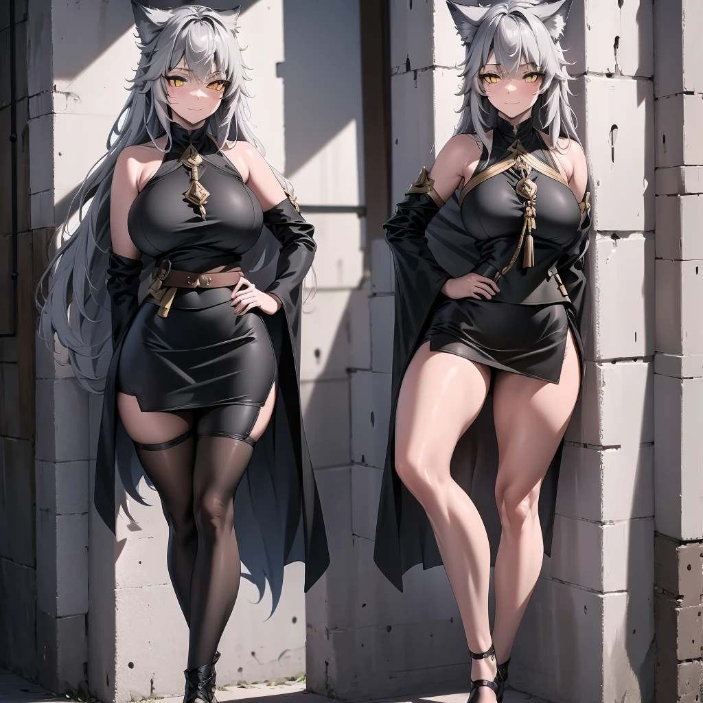 Full body portrait, single woman, masterpiece, 4k, wallpaper, highlydetailed face, ultra-detailed face, voluptuous, big breasts, curvy, long hair, gray-silver hair, a young wolf woman, wolf ears, long wolf tail, beautiful, enchanting, bright yellow eyes, detailed eyes, ultra-detailed eyes, elegant, small vertical scar under right eye, small rosy lips, big breasts, slender elegant arms, pretty hands, detailed hands, charming, slight blush, smug smile, black stylish shorts and top outfit, detached sleeves, light black armor, armored skirt, black armored coat, black metal light armor, bare off shoulders, toned abs, exposed belly, standing pose, hands on hips pose