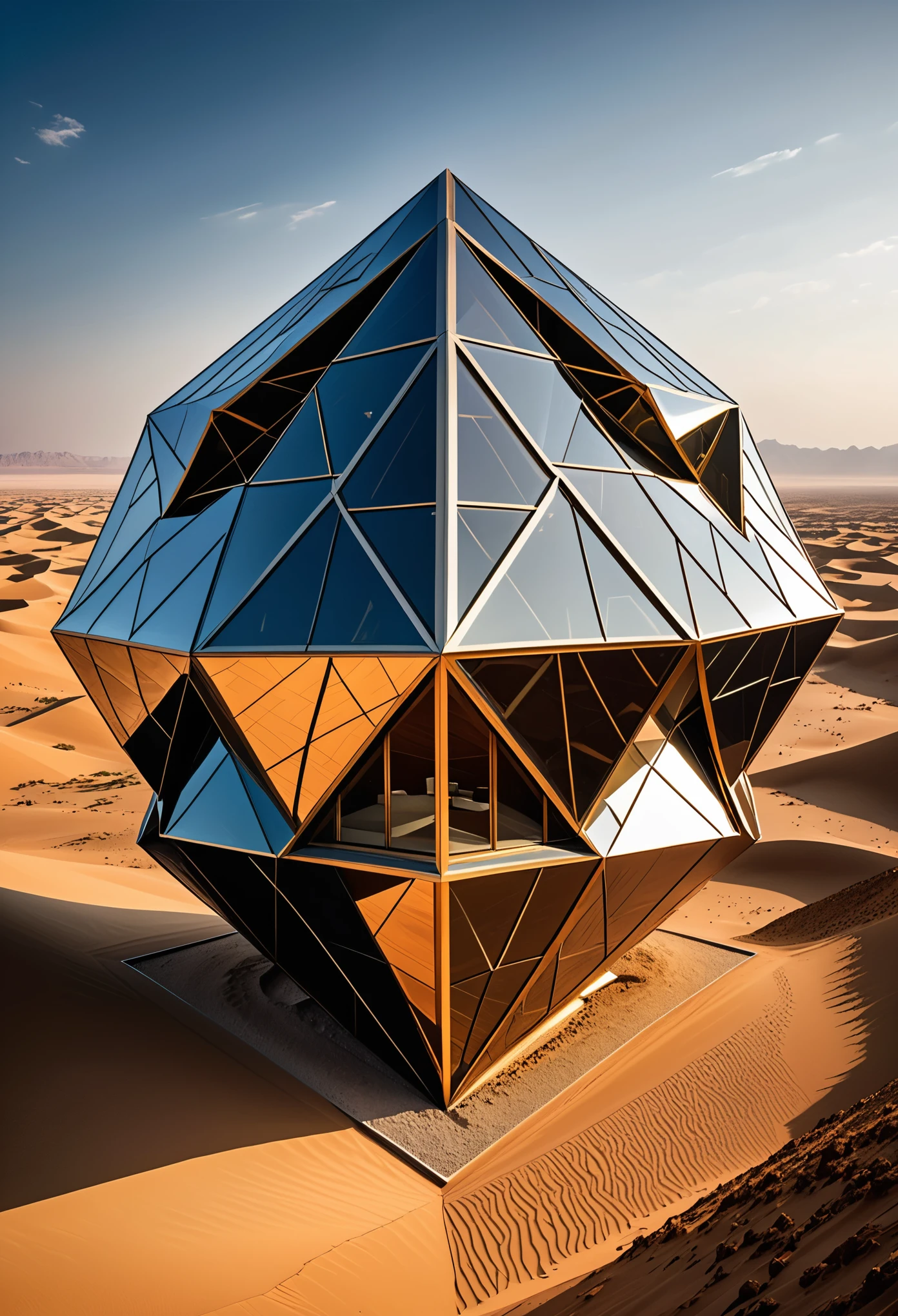 Visualize a massive geometric shape that dominates the landscape with its imposing presence. Picture a colossal structure, perfectly symmetrical and constructed with precision, standing tall against the horizon.Envision a giant geometric shape such as a towering cube, a massive pyramid, or a colossal sphere. This shape is composed of smooth, flawless surfaces that reflect light, creating a mesmerizing play of shadows and highlights.Imagine the structure's immense size, dwarfing everything around it. It may be surrounded by a barren desert, lush greenery, or even floating above a serene body of water. The contrast between the shape and its surroundings enhances its visual impact, making it a focal point of awe and curiosity.Picture the edges and corners of the geometric shape sharp and defined, accentuating its geometric perfection. The surface may be adorned with intricate patterns or textures, adding depth and complexity to its appearance.Consider the materials used in the construction of this giant geometric shape. It could be made of sleek metallic alloys, translucent glass, or even a combination of natural and synthetic materials, further emphasizing its futuristic or otherworldly nature.As you observe this enormous structure, imagine the sense of wonder and intrigue it evokes. Its sheer size and geometric form challenge our perception of space and reality, inviting contemplation and exploration.Allow yourself to be captivated by the simplicity and elegance of this giant geometric shape, appreciating its aesthetic beauty and the skill involved in its creation. Whether it serves a functional purpose or stands as an abstract work of art, it leaves a lasting impression on all who encounter it.