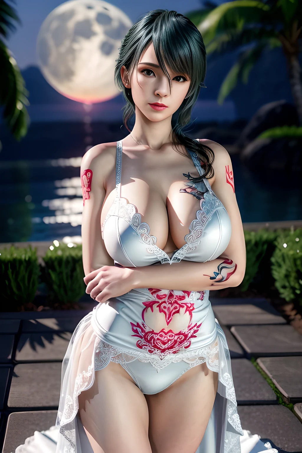 1 girl,standing posture, A-Line Wedding Dress,, nighttime,moon,( huge breasts:1.1),cleavage,shiny skin,lip gloss,( tattoos:1.2), masterpiece, best quality, realistic ,Surrealism,Rich artistic colors, 8K,3D,Portrait art,solo, tamaki